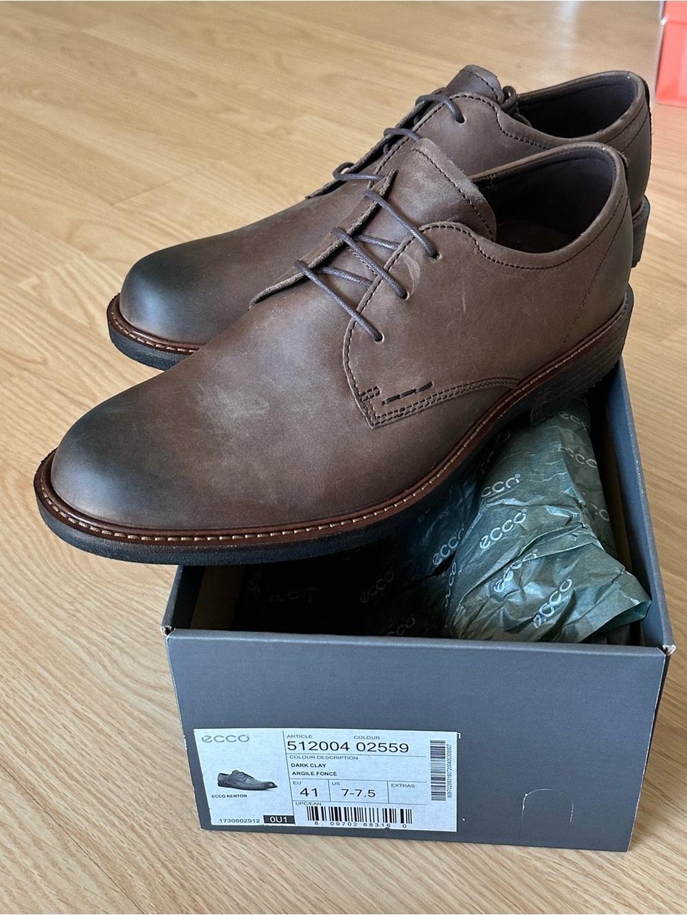NEW ECCO Kenton Men’s Leather Derby Dress Shoes Dark Clay Brown EU 41 US 7–7.5